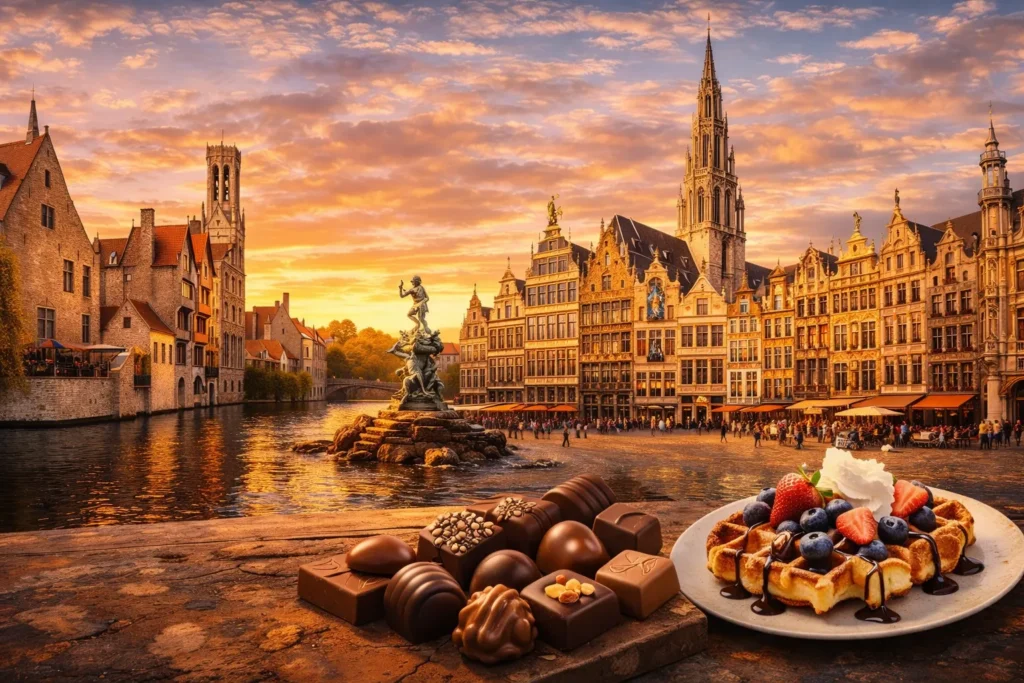 Belgia kuulsad vaatamisväärsused reisikollaažis – Brugge kanalid ja keskaegsed majad, Brüsseli Grand Place väljak ja Antwerpeni ajalooline arhitektuur.