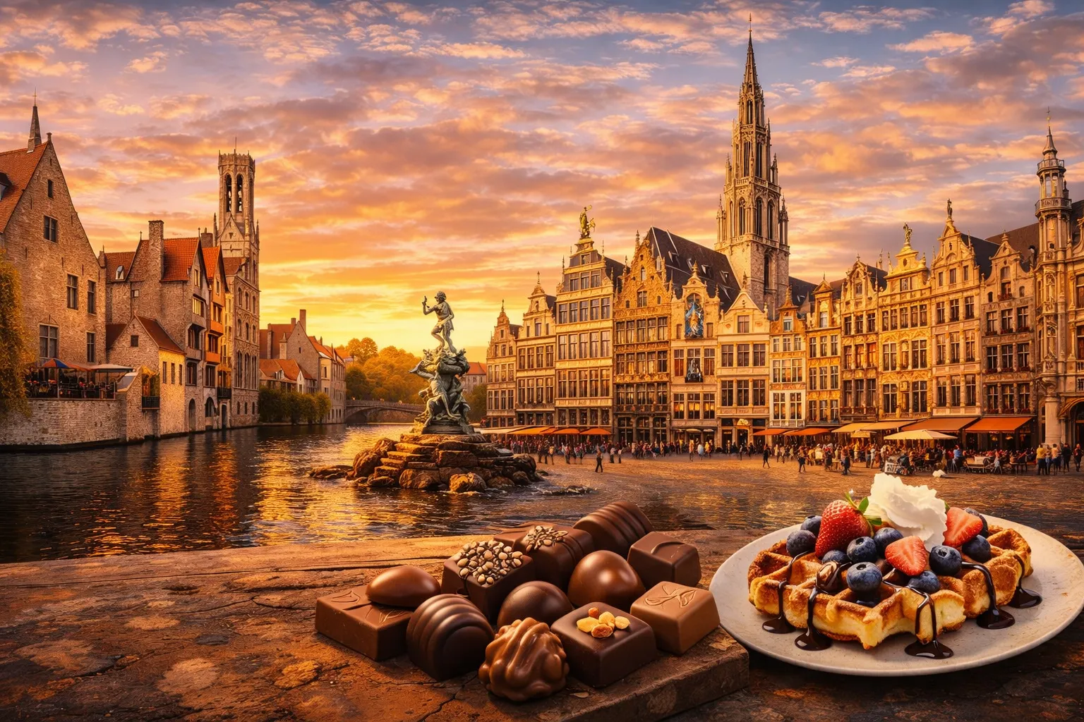 Belgia kuulsad vaatamisväärsused reisikollaažis – Brugge kanalid ja keskaegsed majad, Brüsseli Grand Place väljak ja Antwerpeni ajalooline arhitektuur.