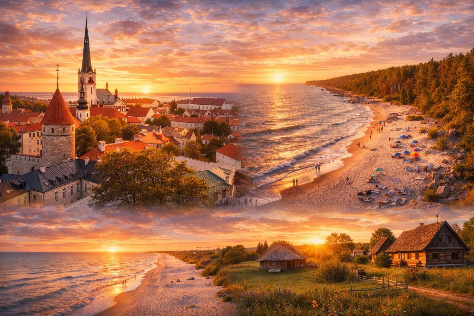 Eesti kuulsad vaatamisväärsused reisikollaažis – Tallinna vanalinn, Lahemaa rahvuspargi loodus ja Pärnu rand suvisel päikeseloojangul.