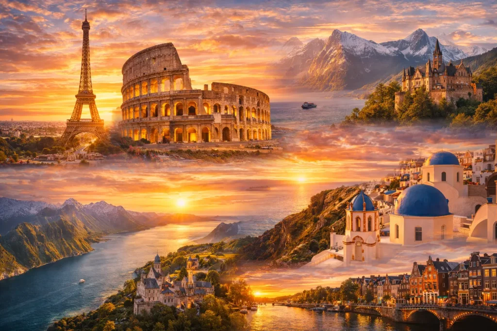 Euroopa kuulsad vaatamisväärsused reisikollaažis – Eiffel Tower Pariisis, Colosseum Roomas, Santorini Kreekas ja Norra fjordid.