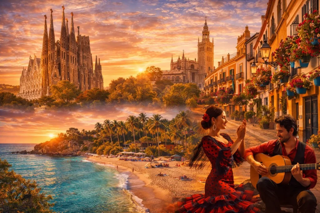 Hispaania kuulsad vaatamisväärsused reisikollaažis – Barcelona Sagrada Familia, Sevilla ajalooline arhitektuur ja Vahemere rannad.