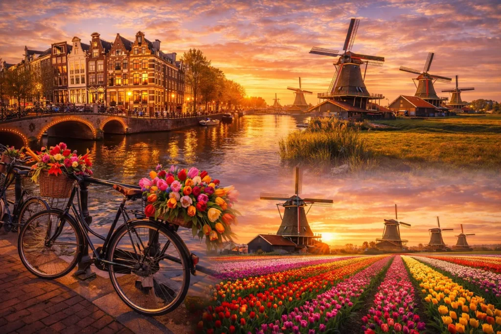 Hollandi kuulsad vaatamisväärsused reisikollaažis – Amsterdami kanalid, traditsioonilised tuuleveskid ja kevadised tulbiväljad.
