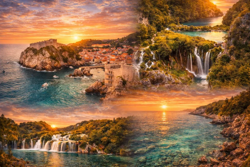 Horvaatia kuulsad vaatamisväärsused reisikollaažis – Dubrovniku vanalinn, Adriamere türkiissinine rannik ja Plitvice järvede rahvuspark.