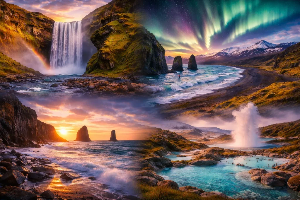 Islandi kuulsad loodusvaated reisikollaažis – võimsad kosed, vulkaaniline maastik, musta liivaga rannad ja põhjatuled.