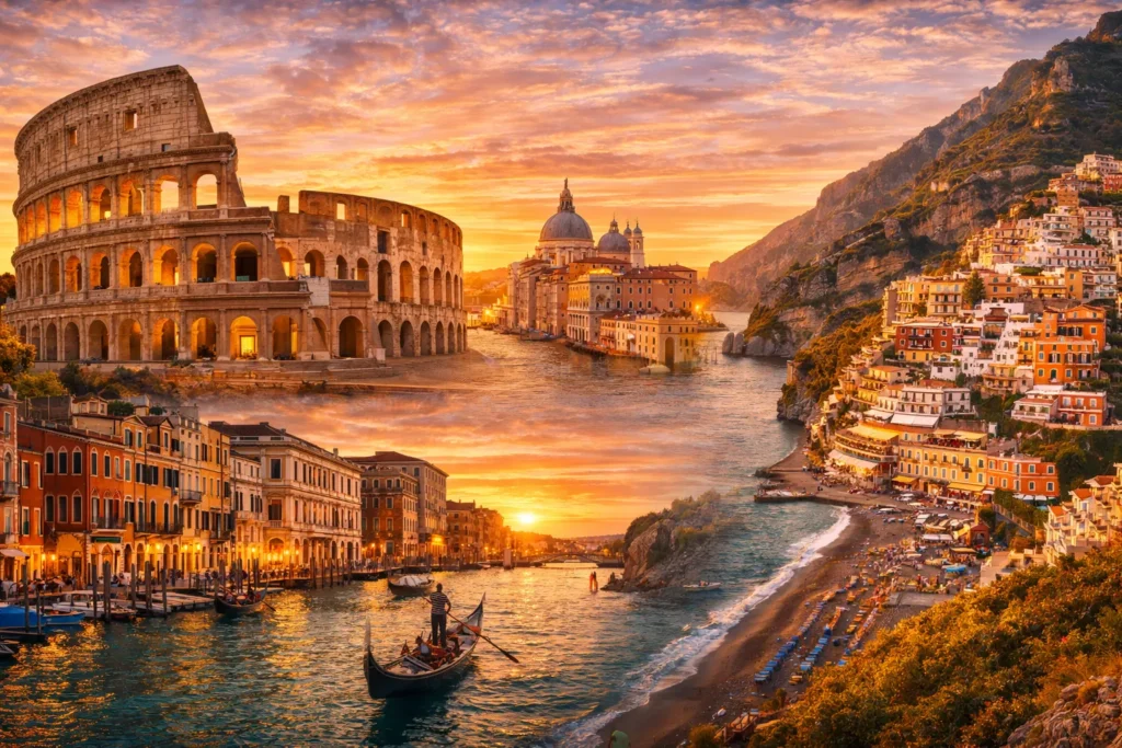 Itaalia kuulsad vaatamisväärsused reisikollaažis – Rooma Colosseum, Veneetsia kanalid gondlitega ja Amalfi ranniku värvilised külad.