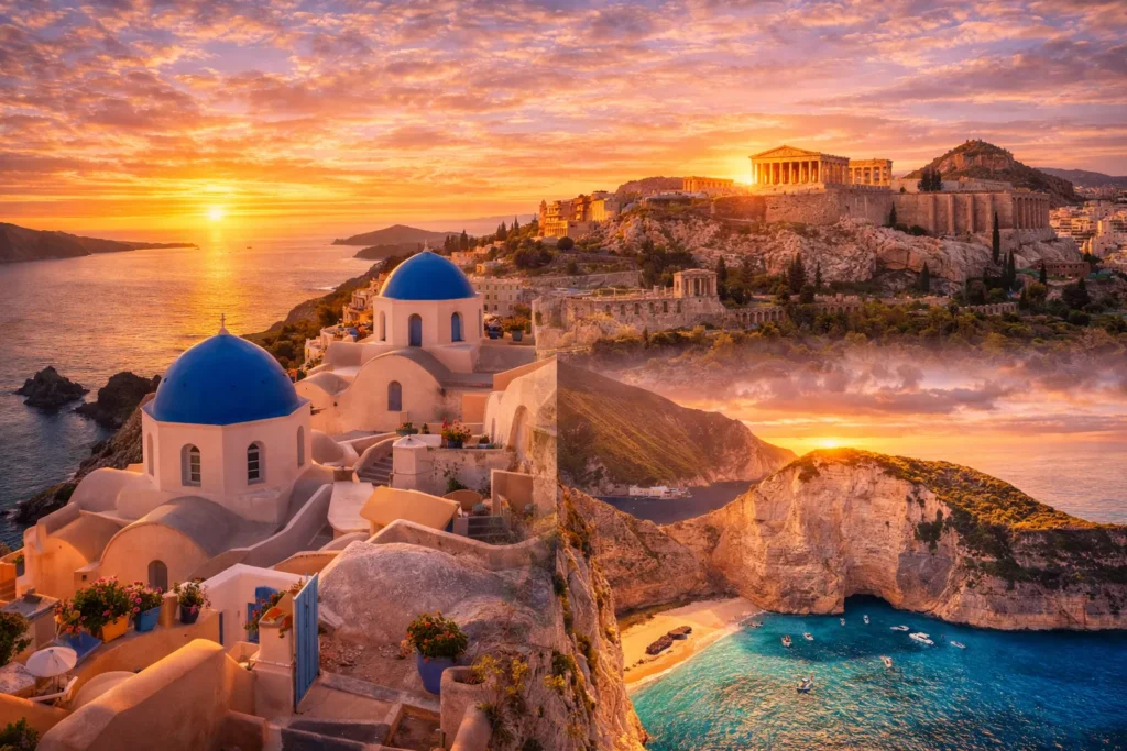 Kreeka kuulsad vaatamisväärsused reisikollaažis – Santorini valged majad siniste kuplitega, Ateena Akropol ja Vahemere rannad.