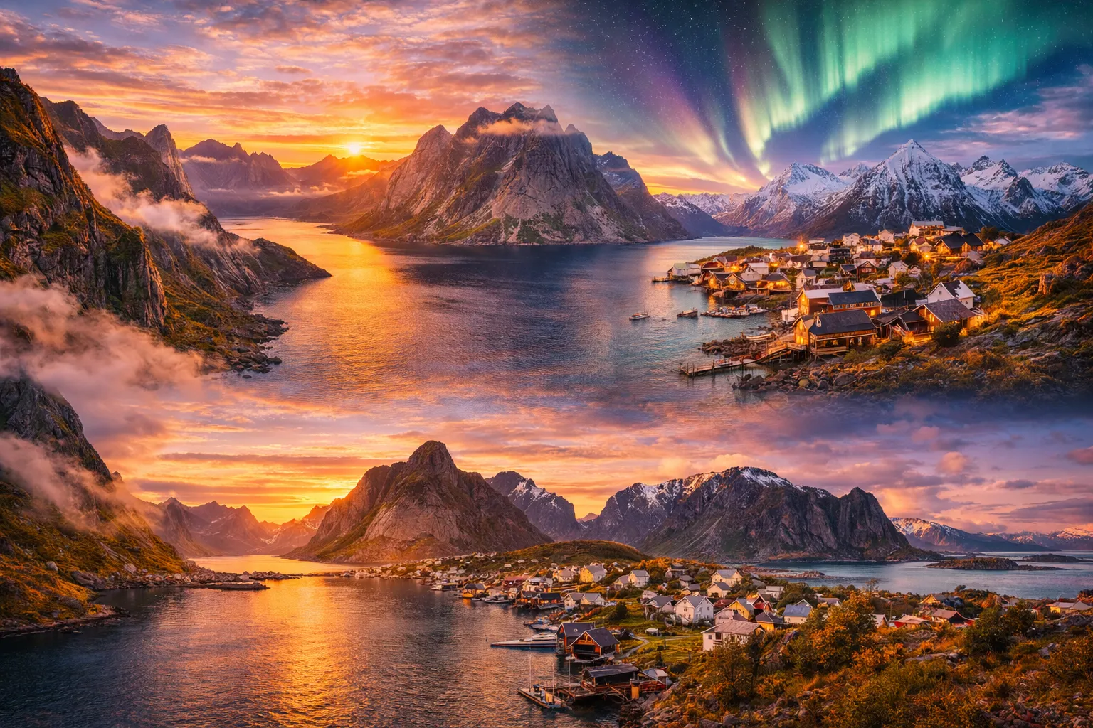 Norra kuulsad loodusvaated reisikollaažis – dramaatilised fjordid, mäed, värvilised kalurikülad ja põhjatuled.