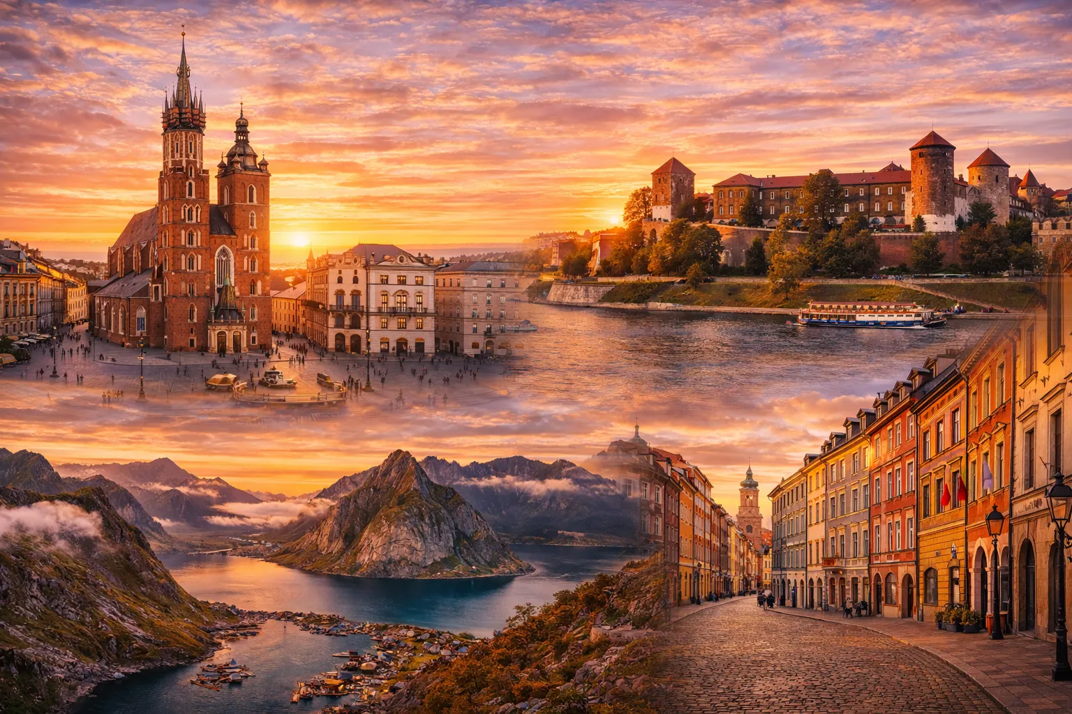 Poola kuulsad vaatamisväärsused reisikollaažis – Krakowi vanalinn, Waweli loss, Gdański värvilised majad ja ajaloolised turuväljakud.