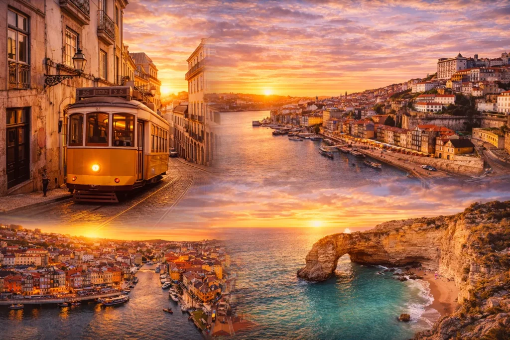 Portugali kuulsad vaatamisväärsused reisikollaažis – Lissaboni kollane tramm, Porto jõekallas ja Algarve kaljud.