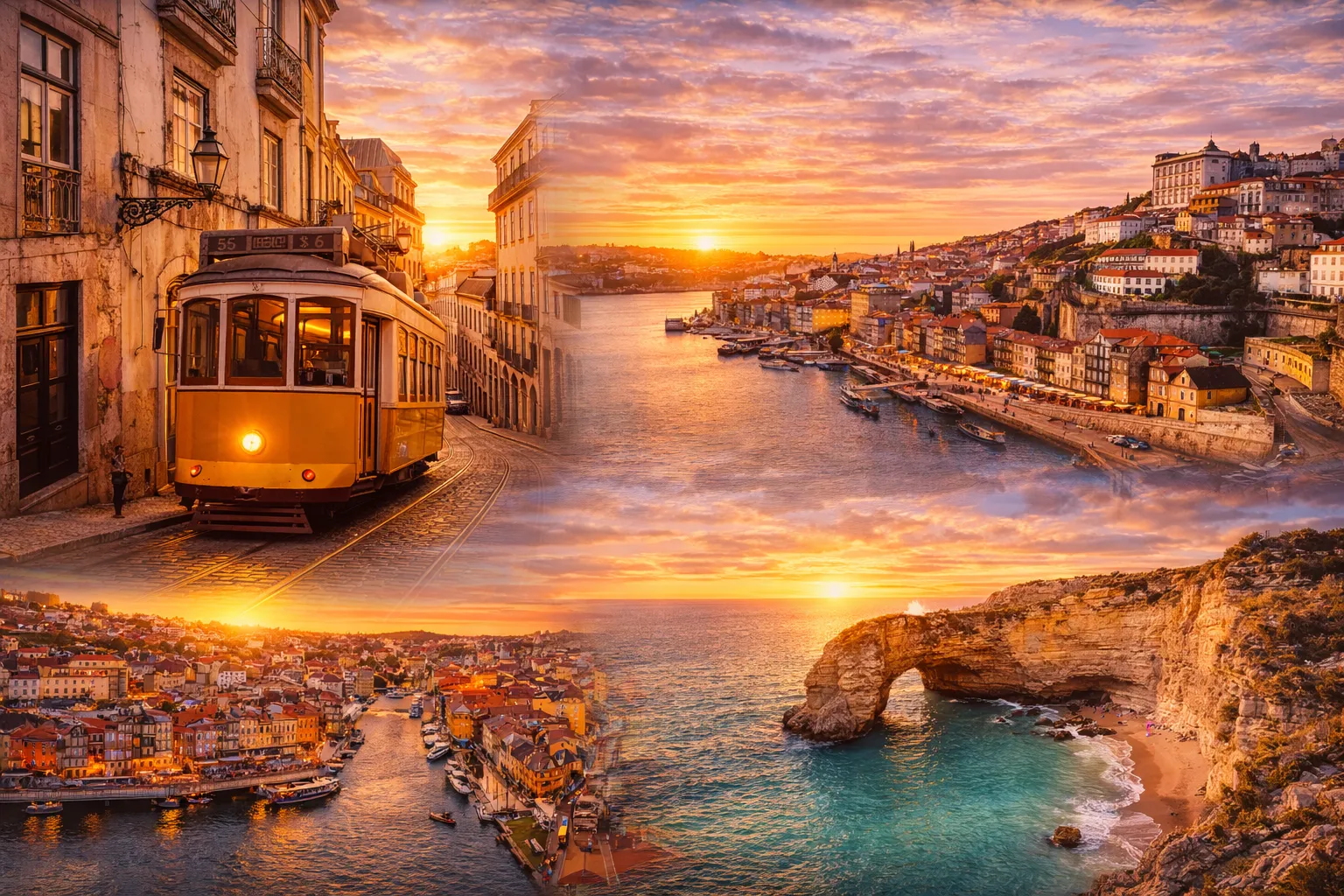 Portugali kuulsad vaatamisväärsused reisikollaažis – Lissaboni kollane tramm, Porto jõekallas ja Algarve kaljud.