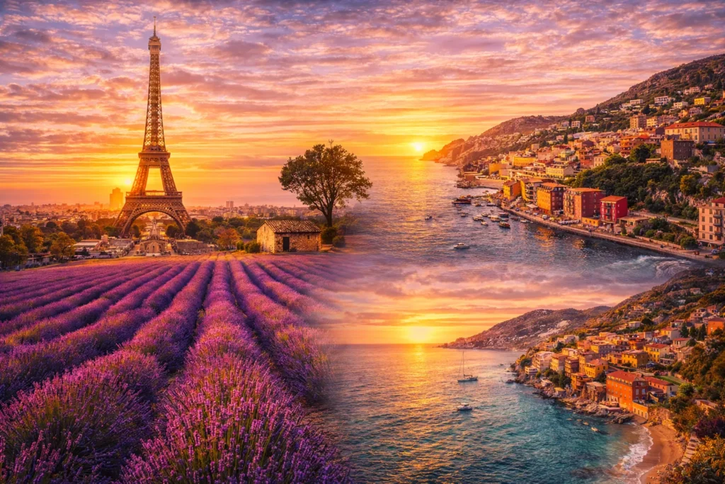 Prantsusmaa reisijuht näitab Eiffeli torni ja Prantsuse rivierat, mis loovad imelise keskkonna.