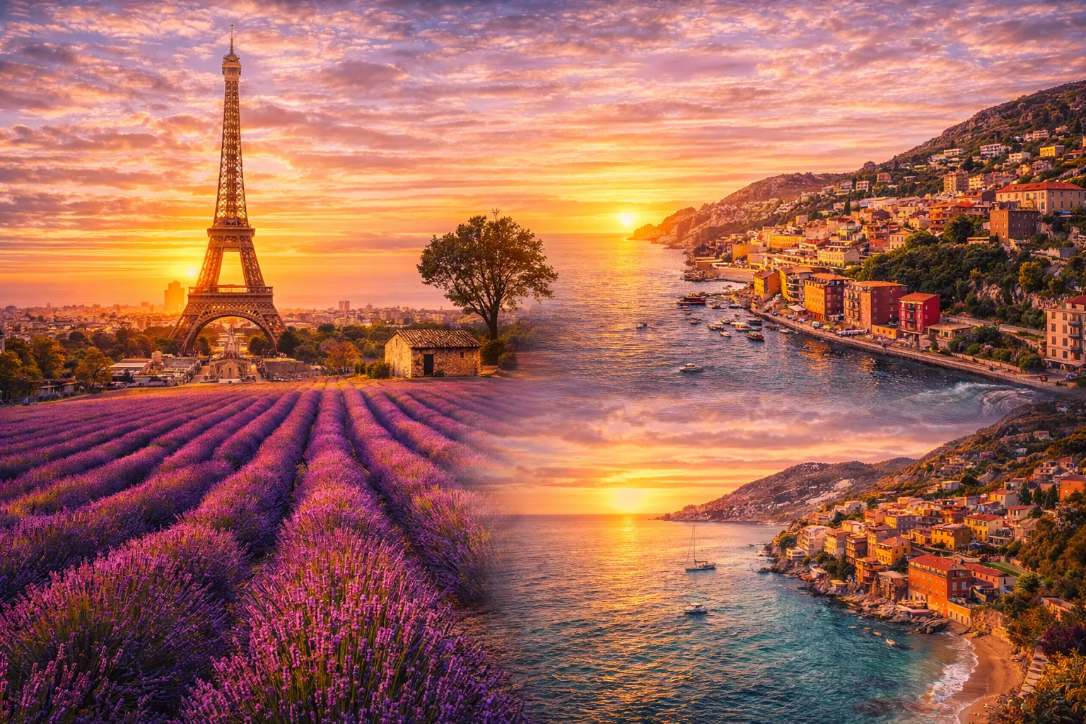 Prantsusmaa reisijuht näitab Eiffeli torni ja Prantsuse rivierat, mis loovad imelise keskkonna.