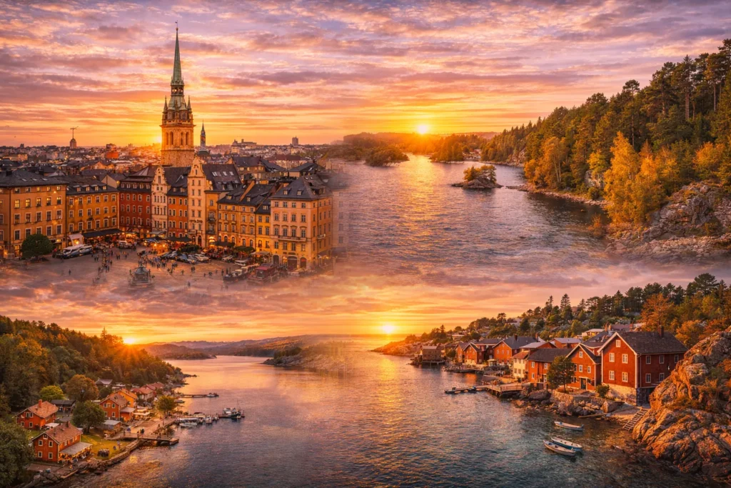 Stockholm vanalinn ja saarestik päikeseloojangul