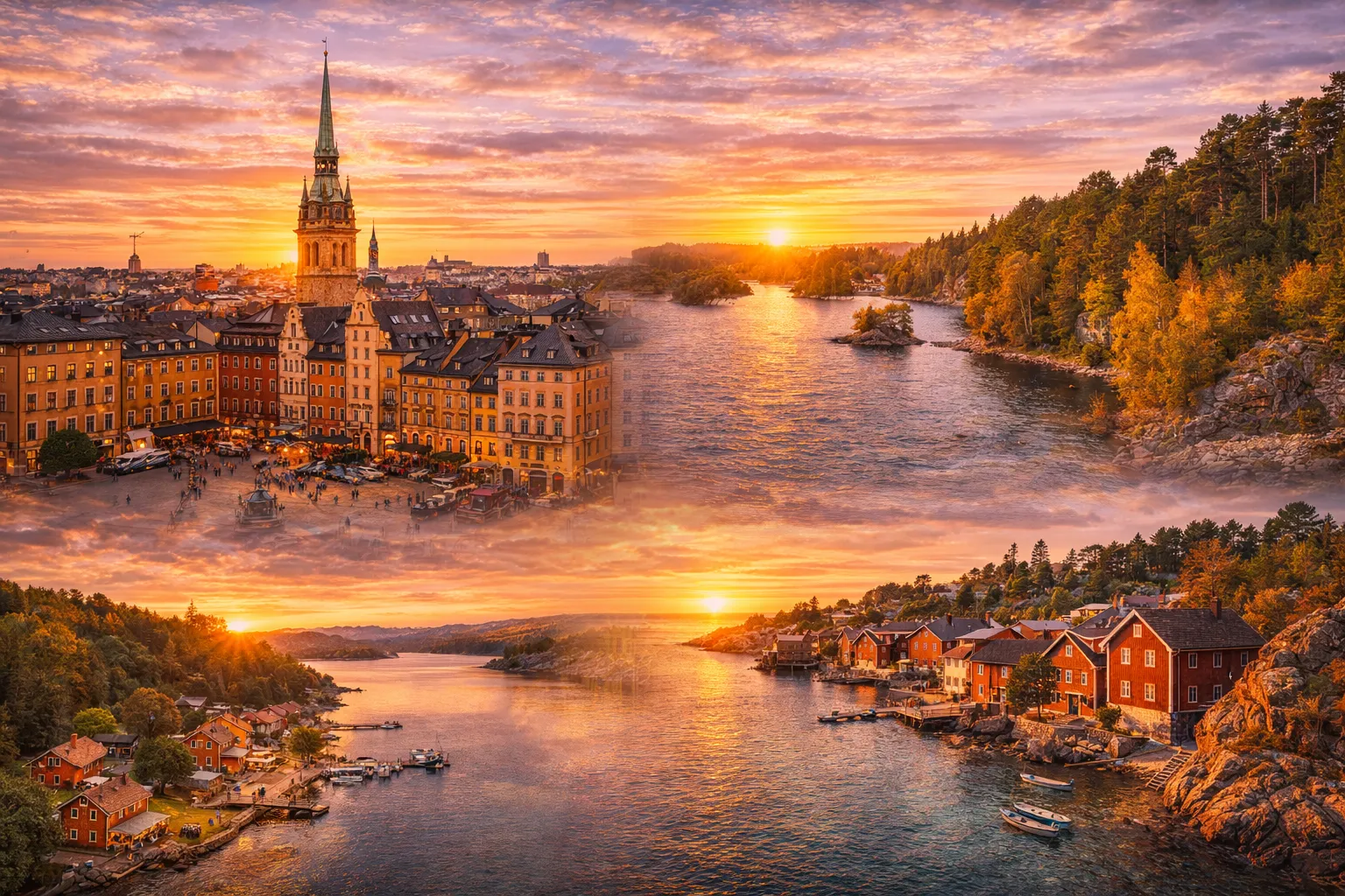 Stockholm vanalinn ja saarestik päikeseloojangul