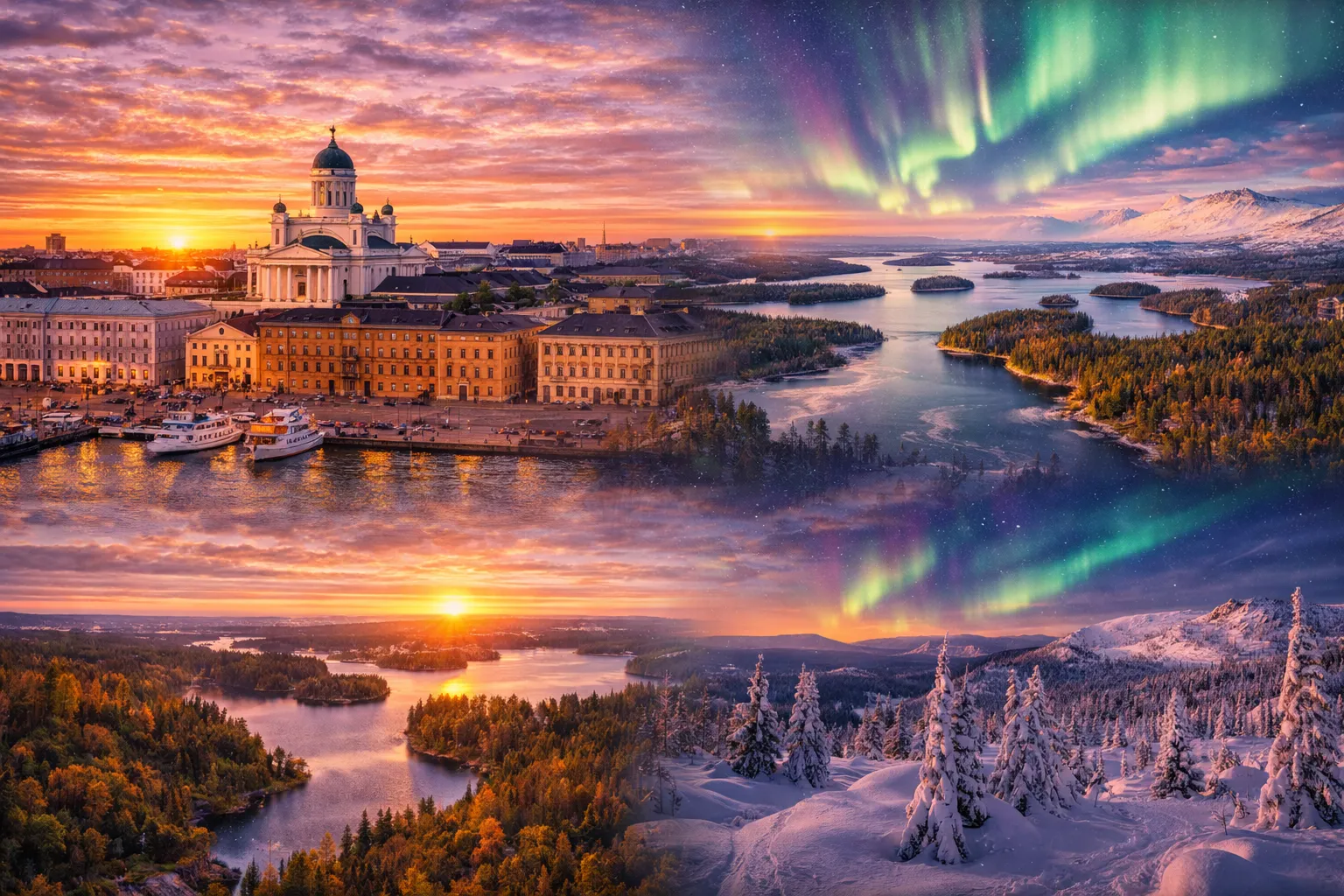 Helsingi katedraal ja linnavaade päikeseloojangul