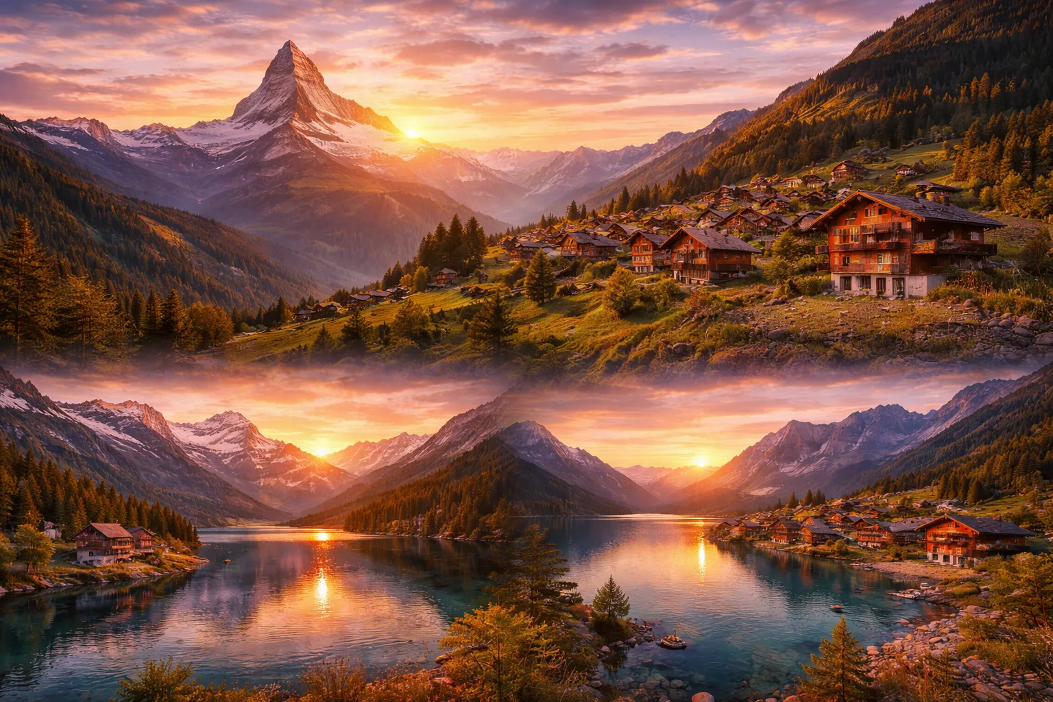 Šveitsi Alpid ja mägijärv päikesetõusu ajal