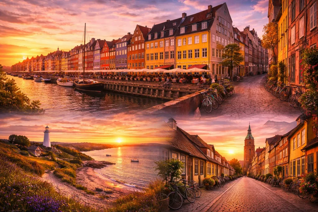 Kopenhaagen Nyhavni värvilised majad ja kanal päikeseloojangul