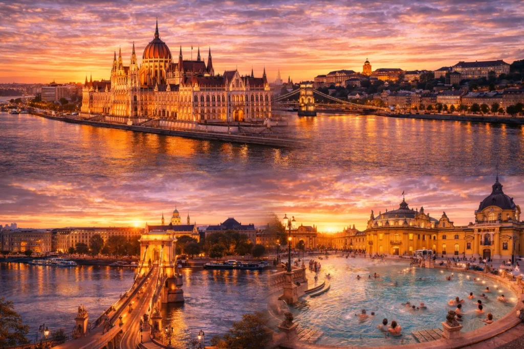 Budapesti parlament ja Doonau jõgi päikeseloojangul